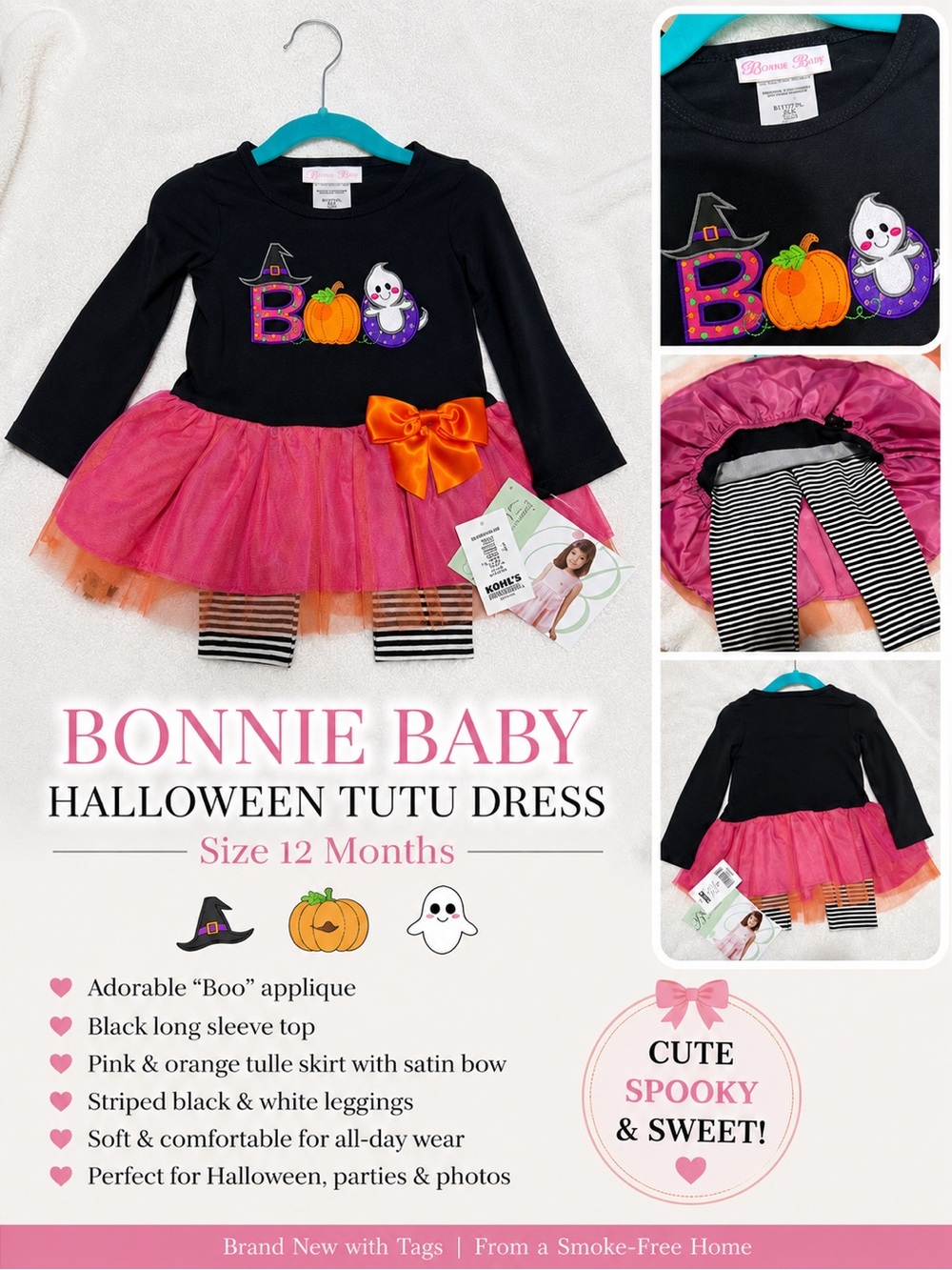 Bonnie Baby Pink & Black Halloween Tutu Dress with Striped Leggings